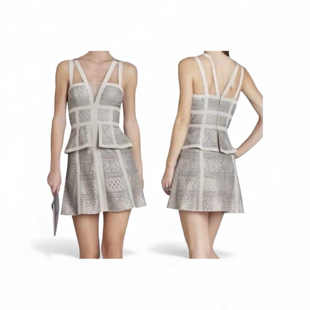 BCBGMaxAzria Sophie Peplum Lace V-Neck Dress Nude/Black Size 6